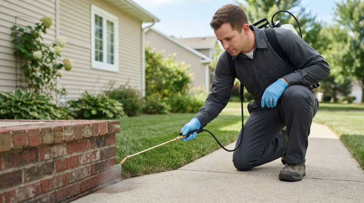 Pest control technician treating a home near Amherst, NY